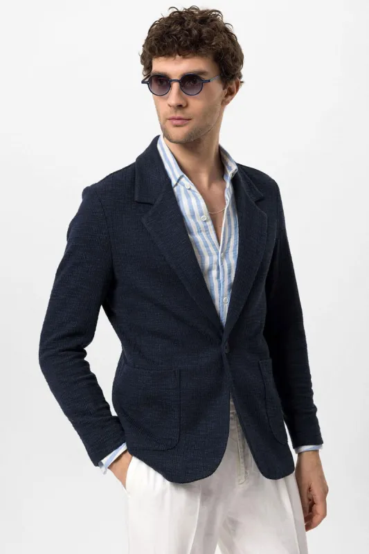 Men's Navy Blue Textured Plain  Blazer - Wessi sold by Wessi