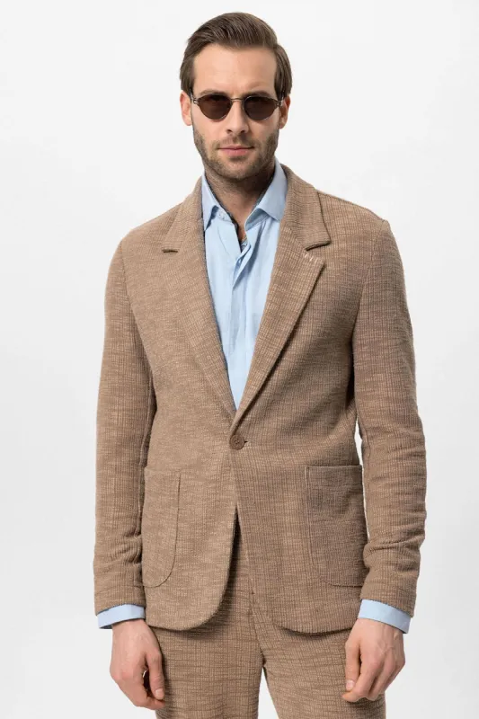 Men's Light Brown Textured Plain  Blazer - Wessi sold by Wessi