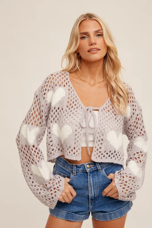 Lavender Heart Pattern Drop Shoulder Open Knit Cardigan sold by Pinkblush