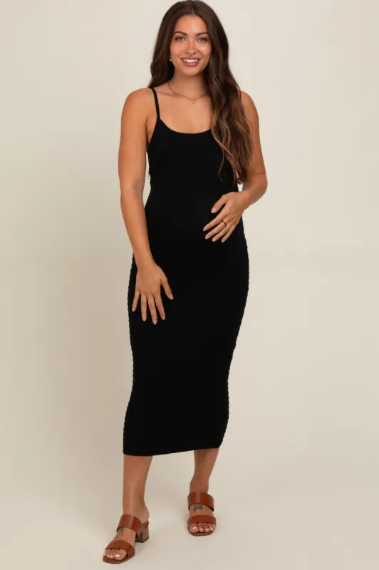 Black Fitted Spaghetti Strap Maternity Midi Dress sold by Pinkblush