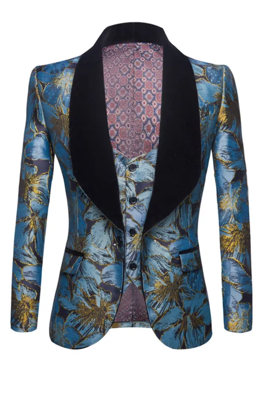 Grey Blue Shawl Lapel Embroidery Men's Blazer and Vest Set sold by Zapaka