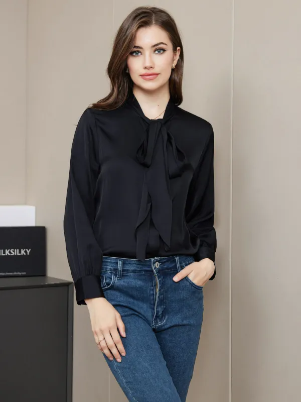 Clearance(US Warehouse) -Silk Long Sleeve Tie Neck Blouse sold by SilkSilky