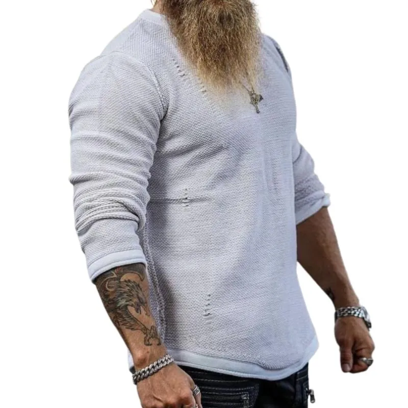 Men's Retro Casual Solid Color Ripped Round Neck Long Sleeve Sweater 48129043TO sold by Manly
