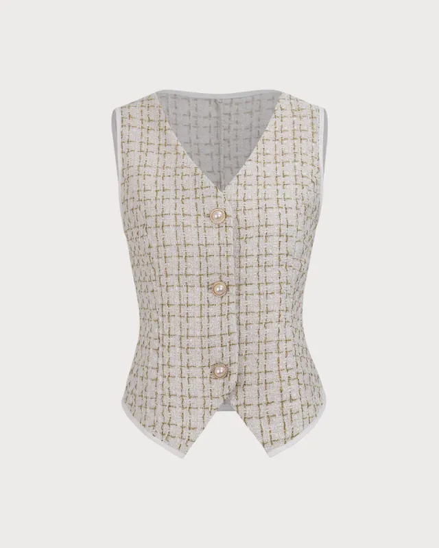 Women's Apricot V-Neck Buttoned Tweed Vest sold by rihoas