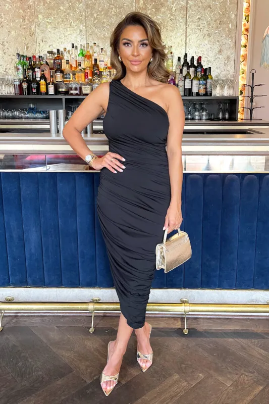 Black One Shoulder Asymmetric Hem Ruched Midi Dress sold by AX Paris