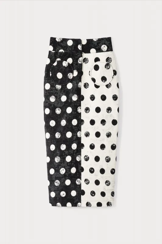 Black & white pencil skirt with circular pockets and button details sold by DESTREE