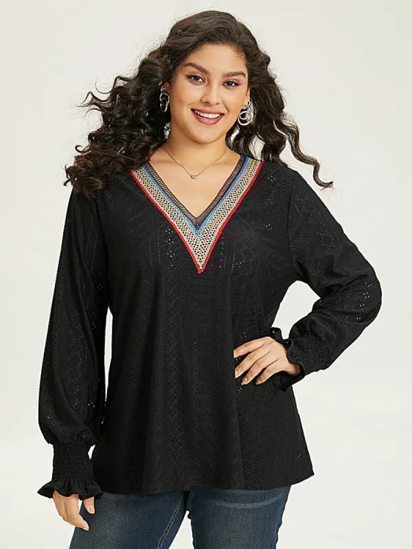 Contrast Webbing Hollow Out V Neck Shirred T-shirt sold by Bloomchic