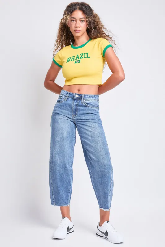 Women's Baggy Cropped Frayed Barrel Jeans sold by YMI