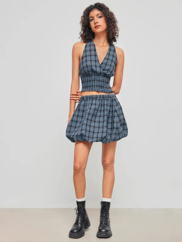 Mid Rise Check Bubble Hem Mini Skirt sold by Cider