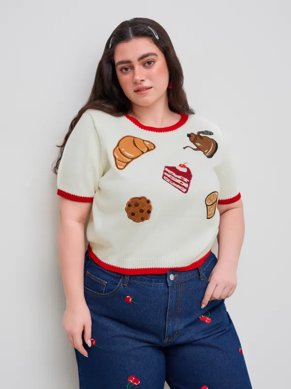 Knit Round Neckline Food Graphic Contrasting Binding Short Sleeve Top Curve & Plus sold by Cider