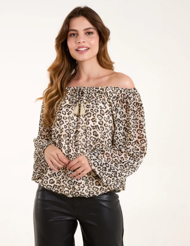 Bardot Elastic Neckline Leopard Tassel Top sold by Blue Vanilla