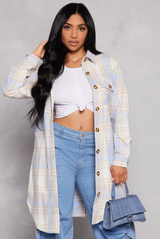 Plaid Flannel Button Front Shacket sold by Rainbow