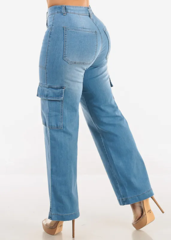 Butt Lift Straight Wide Leg Cargo Jeans Light Blue sold by Moda