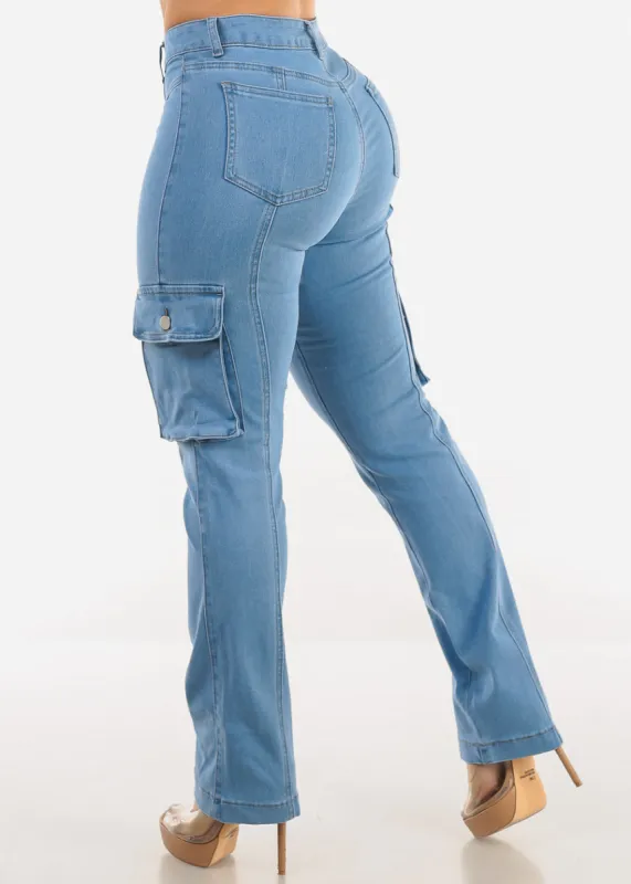 Butt Lift High Waist Straight Cargo Jeans Light Blue sold by Moda
