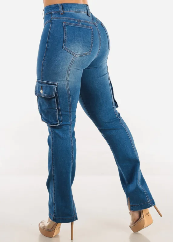 Butt Lift High Waist Straight Cargo Jeans Med Blue sold by Moda