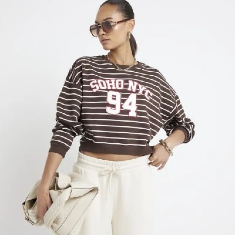 Brown stripe NYC cropped sweatshirt sold by River Island