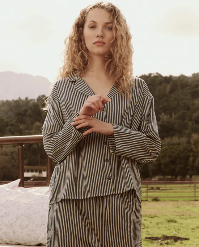 The Pajama Shirt. -- Horizon Stripe sold by THE GREAT.