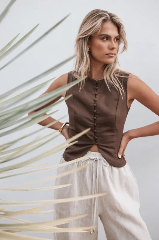 Daniella Linen Vest - Chocolate Brown sold by Petal & Pup