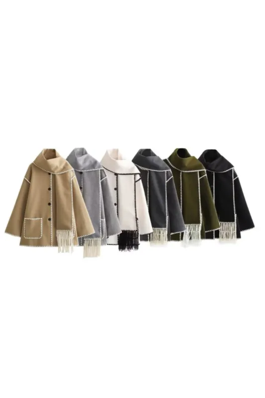 'Samantha' Scarf-Trimmed Patchwork Woolen Knit Coat sold by Goodnight Macaroon
