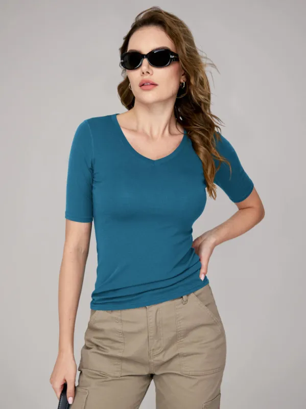 Amoretu Women's V Neck Ribbed Fitted Tunic Tops sold by Amoretu