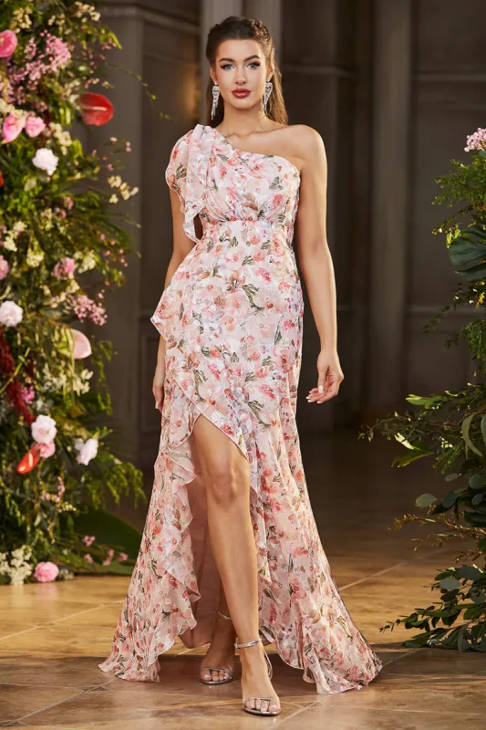 Pink Floral Mermaid One Shoulder Ruffle Long Prom Dress with Slit sold by Zapaka