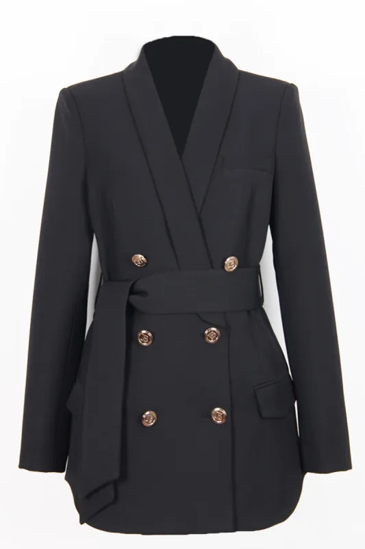 Black Shawl Lapel Double Breasted Long Women Blazer with Belt sold by Zapaka