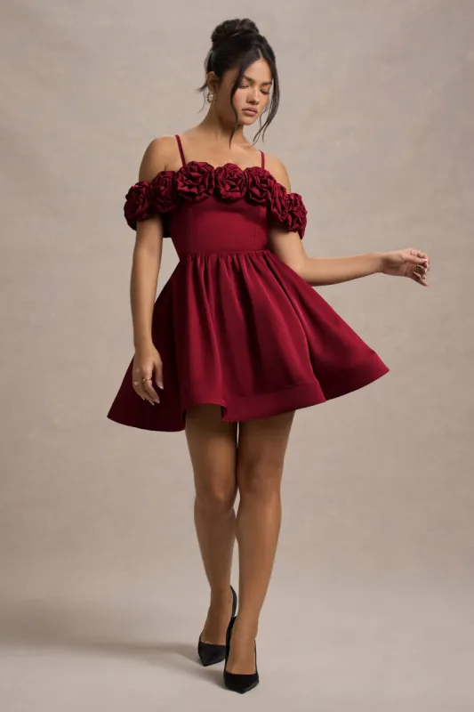 Poppy Dream | Berry Satin Floral Skater Mini Dress sold by Club L London