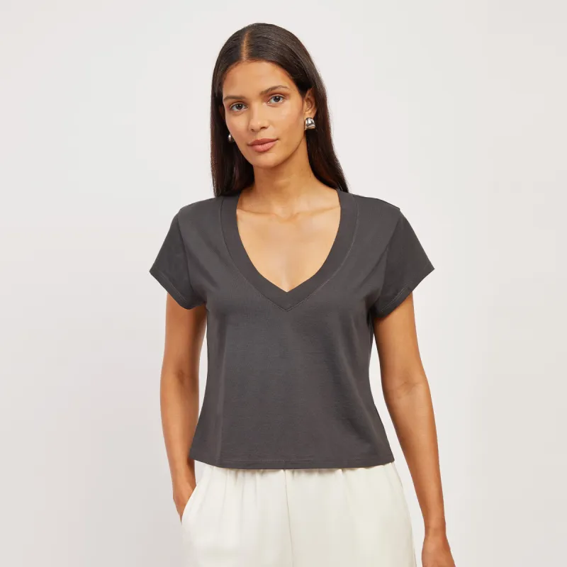 Cotton Boxy Deep V-Neck Tee sold by Mott & Bow