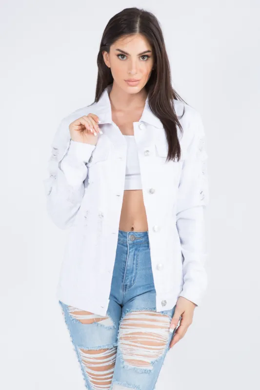 American Bazi Distressed Back Button Down Denim Jacket sold by Charming Charlie