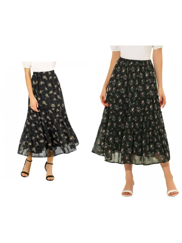 Allegra K- Floral Tiered A-Line Long Chiffon Skirt sold by Reitmans