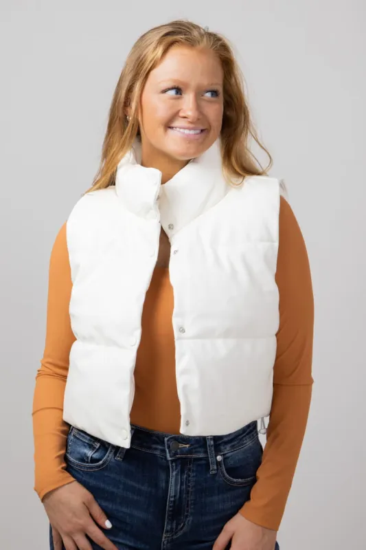 Simply Southern Faux Leather Cropped Puffer Vest for Women in Ivory | PP-0224-VEST-LTHR-IVORY sold by Glik’s