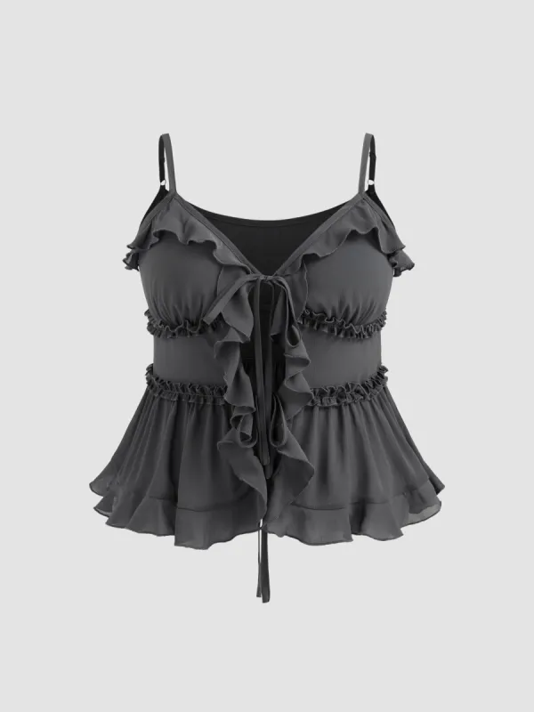 V-neck Solid Knotted Ruffle Hem Cami Top Curve & Plus sold by Cider