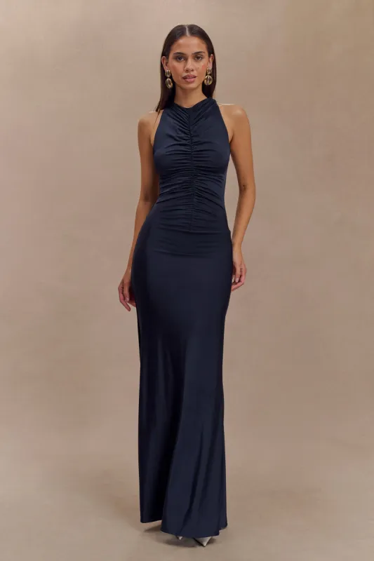 Priya Slinky Ruched Halter Maxi Dress - Navy sold by Meshki