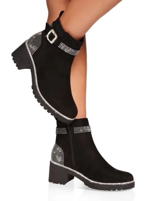 Rhinestone Trim Buckle Booties sold by Rainbow