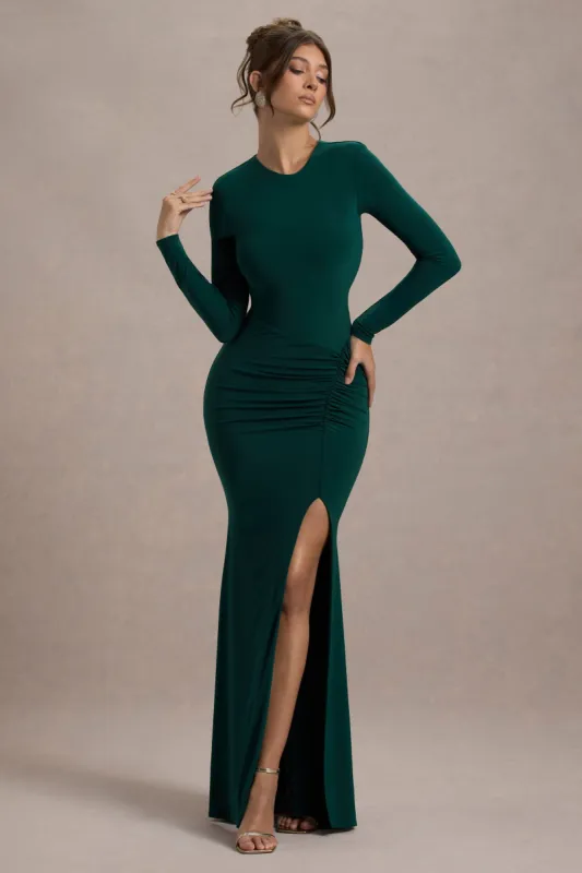 Leslie | Bottle Green Long-Sleeve Twisted Split Maxi Dress sold by Club L London