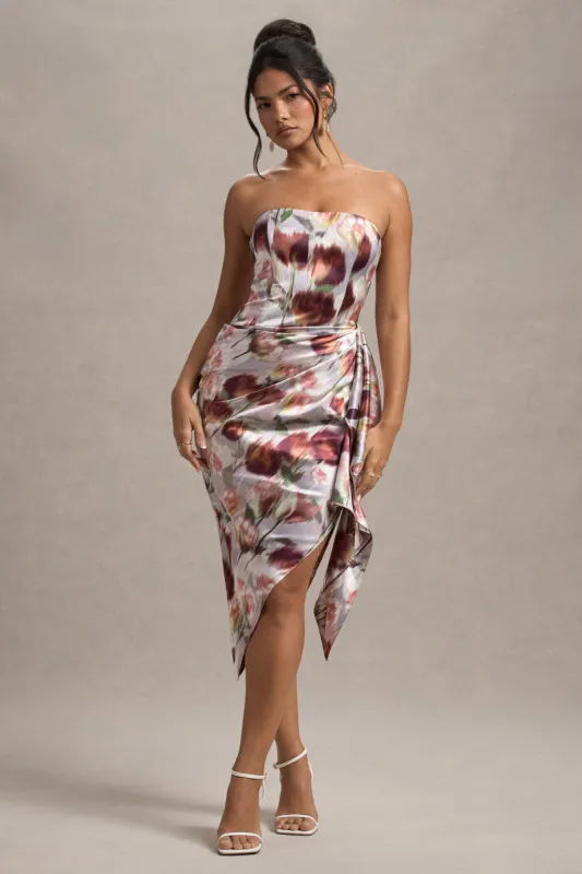 Axel | Cream Floral Print Satin Strapless Wrap Midi Dress sold by Club L London