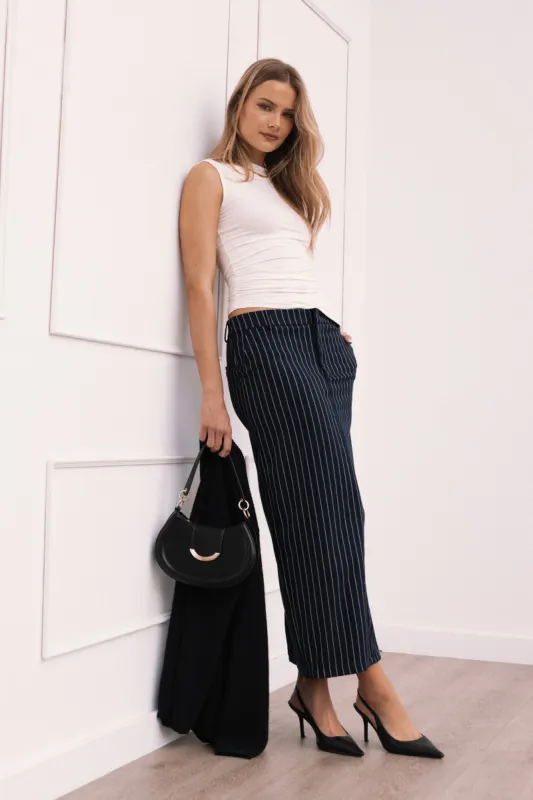 Ellory Midi Skirt - Navy Pinstripe sold by Petal & Pup