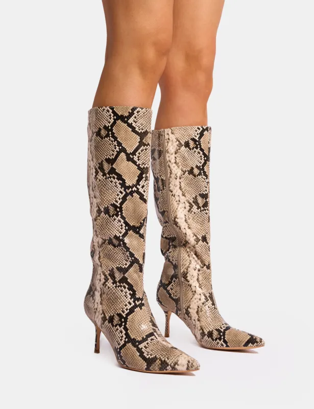 Amped Snake Pointed Toe Mid Heel Knee High Boots sold by Public Desire