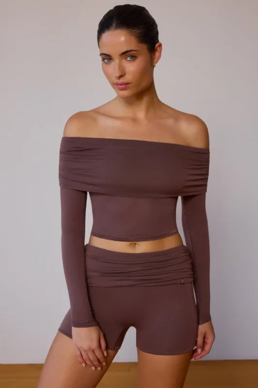 Sheer Off-Shoulder Long-Sleeve Top in Taupe Brown sold by Oh Polly