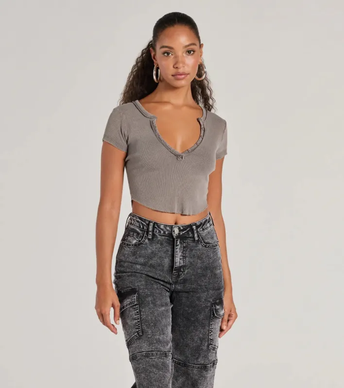 Girl Next Door Ribbed Knit Henley Crop Top sold by Windsor