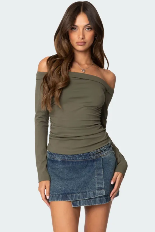 Celly Rolled Off Shoulder Top sold by Edikted