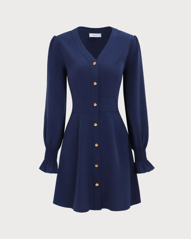 Women's Navy Ruffle Long Sleeve Mini Dress sold by rihoas