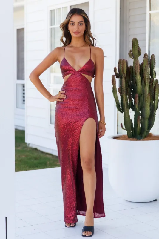 DEAR EMILIA Glimmer Down Maxi Dress Merlot sold by Hello Molly
