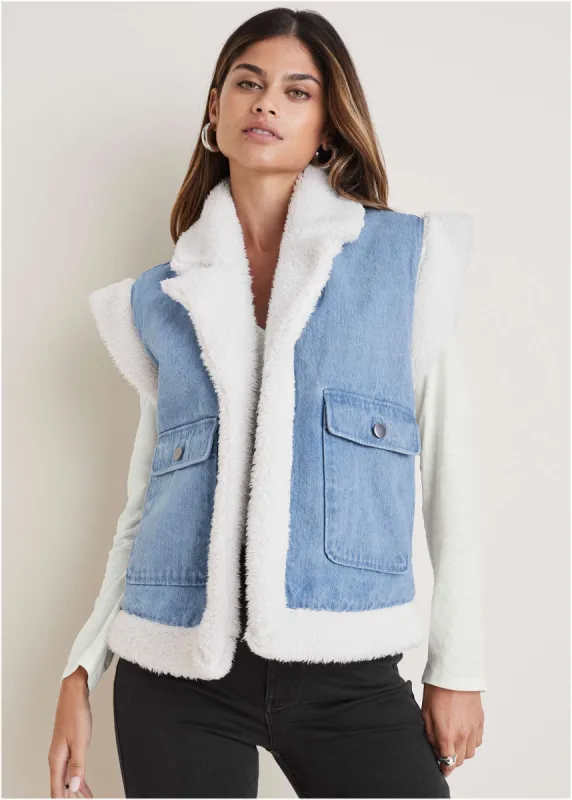 Denim Sherpa Vest - Medium Wash sold by VENUS