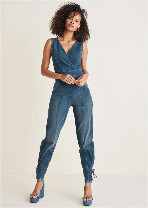 Denim Utility Jumpsuit - Medium Wash sold by VENUS