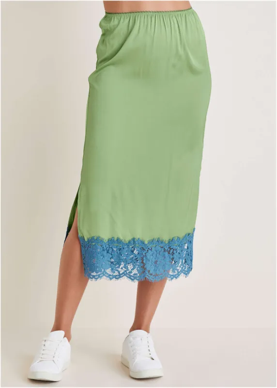 Lace Detail Midi Skirt - Basil sold by VENUS