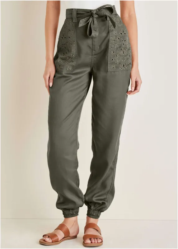 Eyelet Pocket Detail Jogger - Olive sold by VENUS