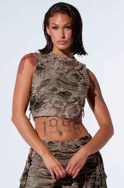 QUEEN OF LOVE DISTRESSED TOP IN GREEN sold by AKIRA