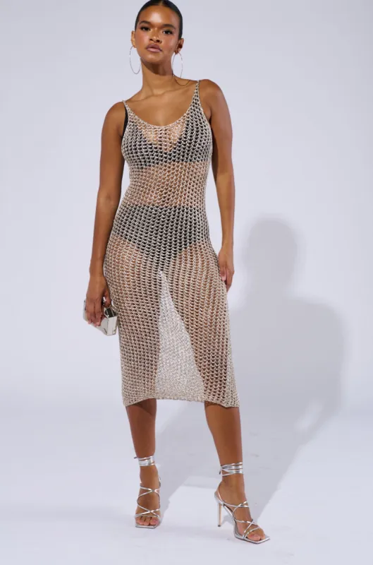 UNDER THE SEA METALLIC CROCHET MIDI DRESS sold by AKIRA
