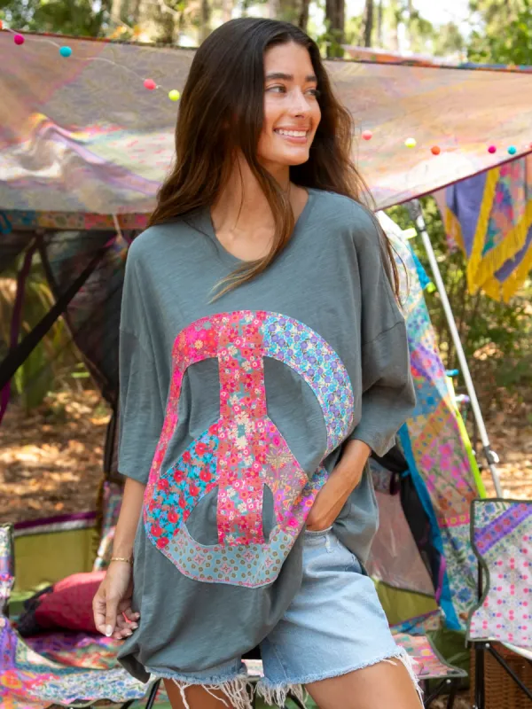 Oversized Cotton Applique Tee - Peace Sign Charcoal sold by NATURAL LIFE